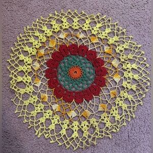 VTG HAND CROCHETED DOILY 14.5” Yellow Red Vintage Handmade Soiled Untreated